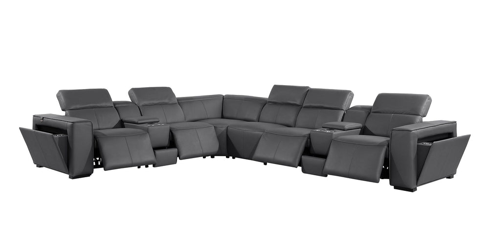 DivanItalia 1224 8-Piece U-Shaped Sectional Sofa in Top Grain Italian Leather with 4 Power Recliners & Power Headrests – No Console - Dark Gray