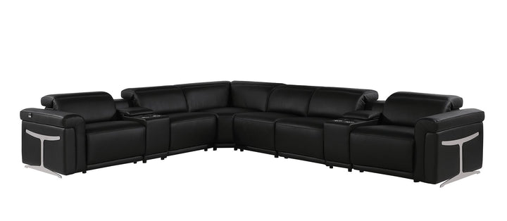 DivanItalia 1126 8-Piece L-Shaped Sectional Sofa in Top Grain Italian Leather with 4 Power Recliners &amp; Power Headrests - Black