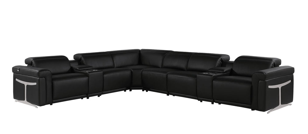 DivanItalia 1126 8-Piece L-Shaped Sectional Sofa in Top Grain Italian Leather with 4 Power Recliners & Power Headrests - Black