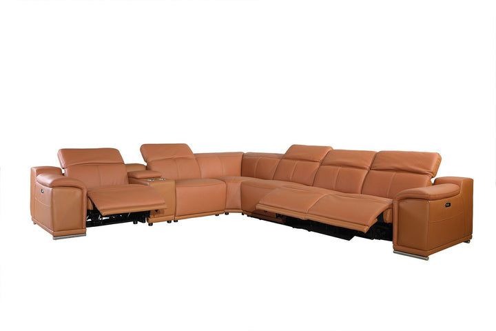 DivanItalia 9762 7-Piece L Shaped Top Grain Italian Leather Sectional Sofa with 4 Power Recliners - Camel