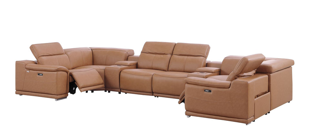 DivanItalia 9762 8-Piece U Shaped Top Grain Italian Leather Sectional Sofa with 2 Power Recliners - Cognac