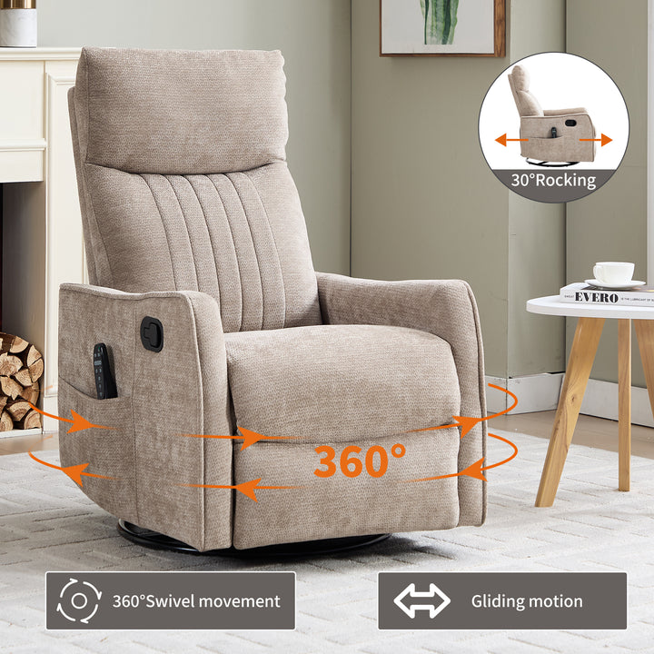 Khaki Heat &amp; Massage Manual Swivel Rocker Recliner Chair in Fabric