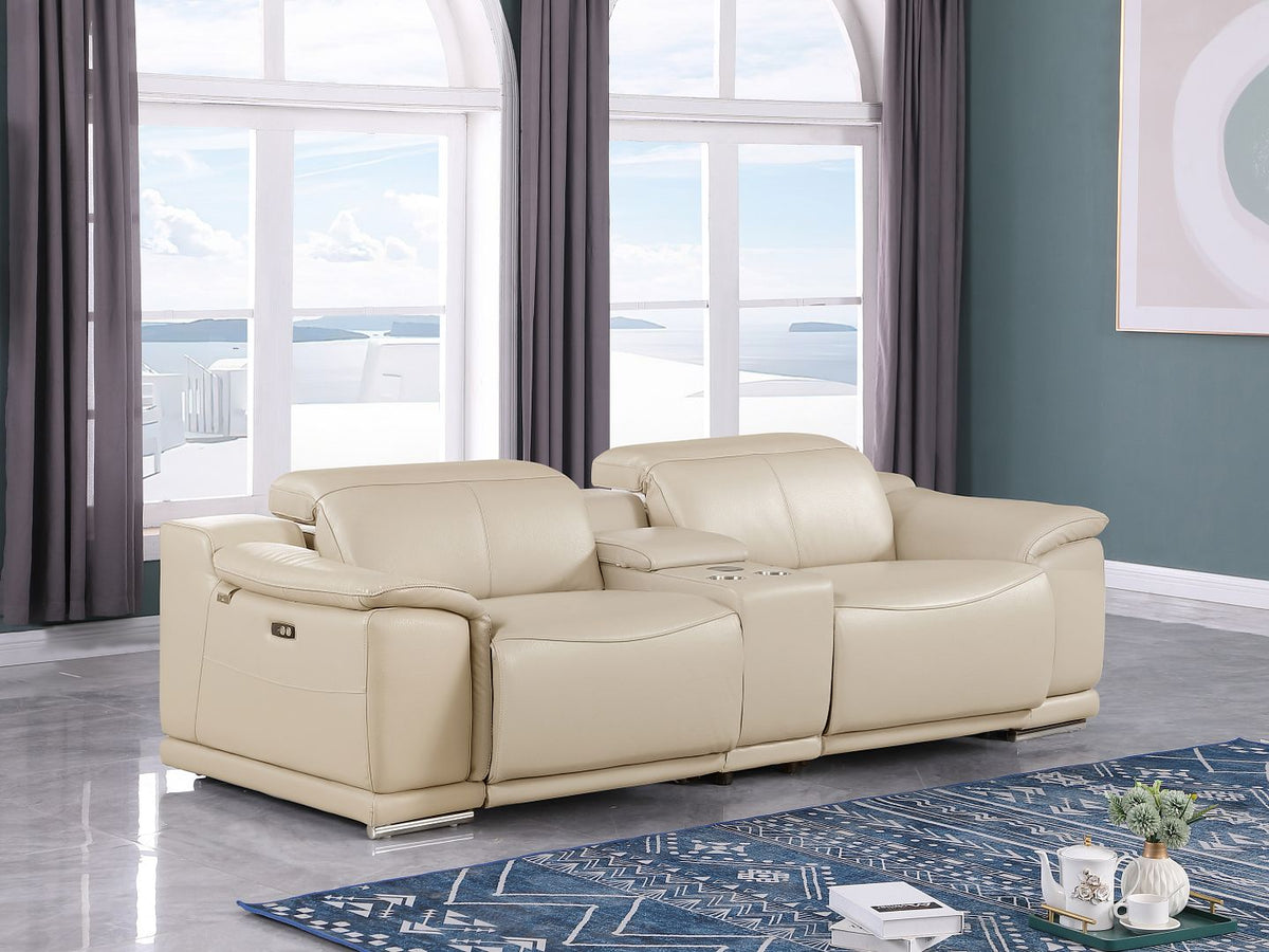 DivanItalia 9762 3-Piece Modular Power Reclining Console Loveseat with 2 Power Recliners in Top Grain Italian Leather - Beige