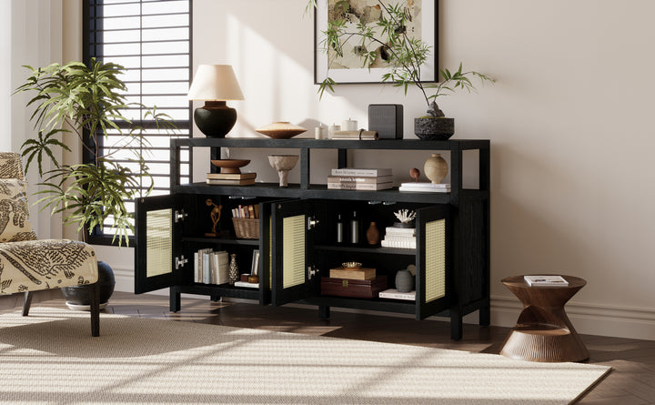 bohemian-style-rattan-sideboard-or-buffet-storage-cabinet-with-solid-wood-frame-black