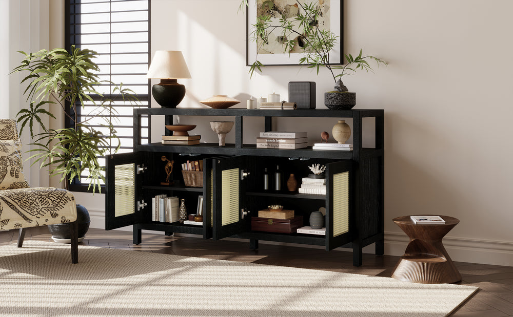 bohemian-style-rattan-sideboard-or-buffet-storage-cabinet-with-solid-wood-frame-black