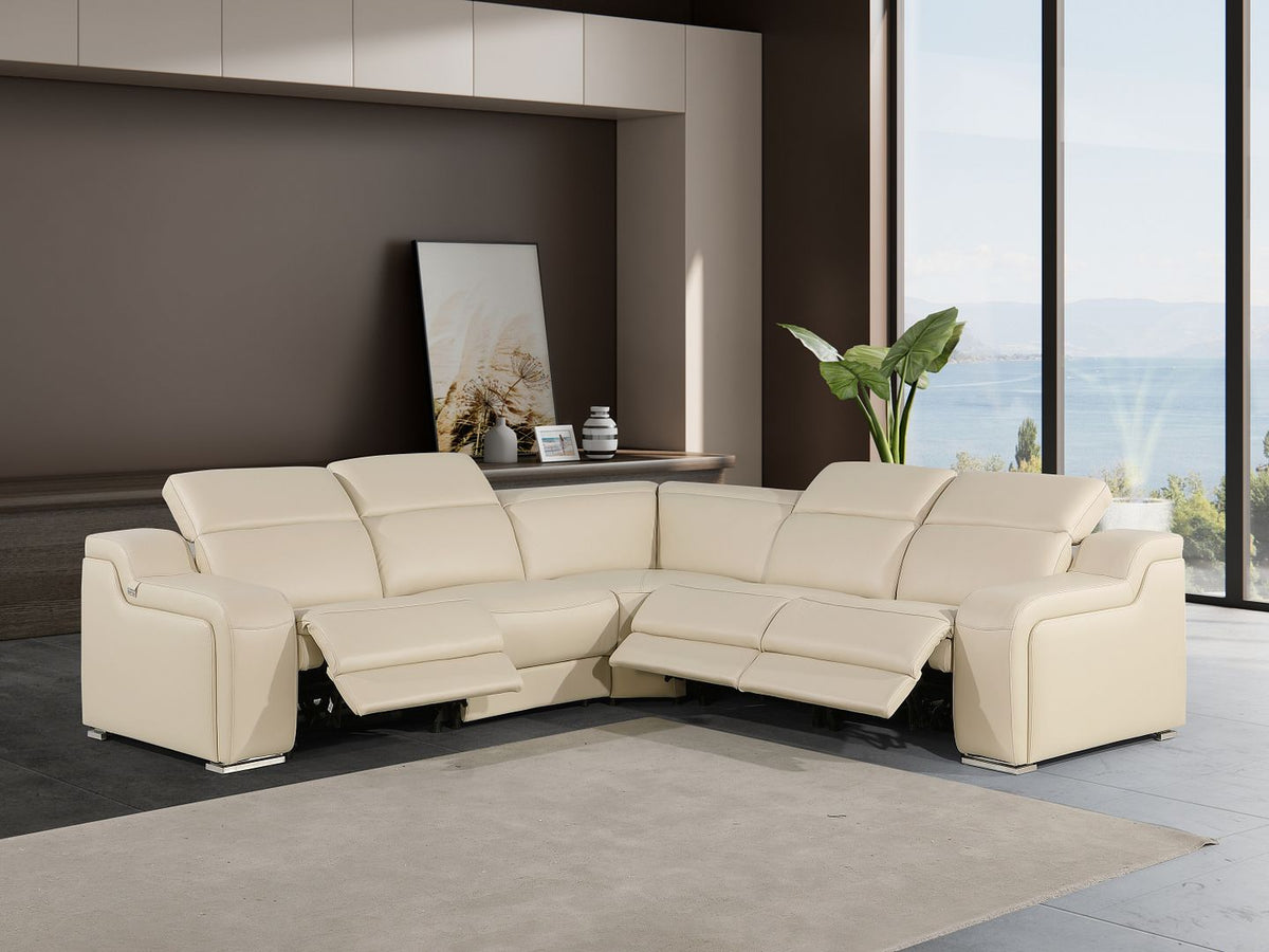 DivanItalia 1116 5-Piece L-Shaped Sectional Sofa in Top Grain Italian Leather with 3 Power Recliners & Power Headrests - Beige