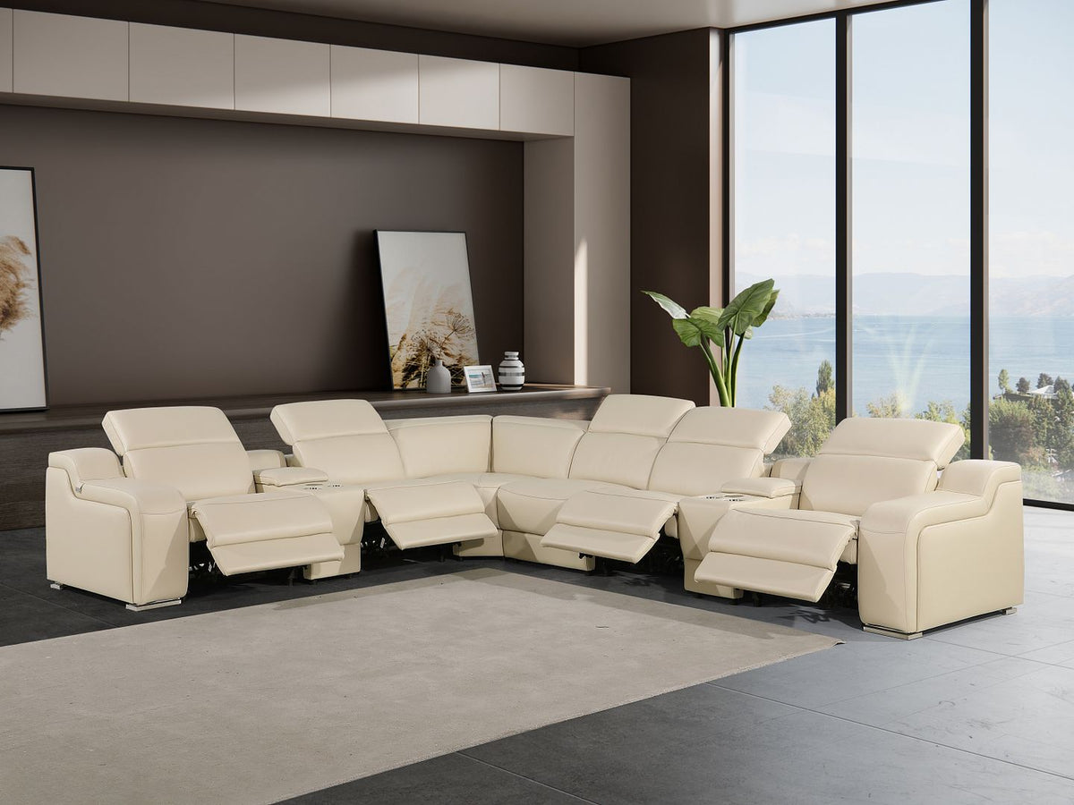 DivanItalia 1116 8-Piece L-Shaped Sectional Sofa in Top Grain Italian Leather with 4 Power Recliners & Power Headrests - Beige
