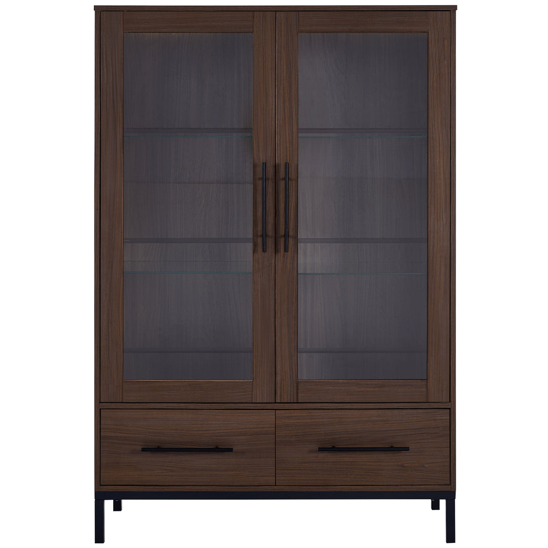 Modern Style 60'' Tall Display Cabinet with LED Lighting, Tempered Glass Door, Two Drawers - Brown