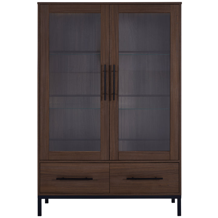 Modern Style 60'' Tall Display Cabinet with LED Lighting, Tempered Glass Door, Two Drawers - Brown