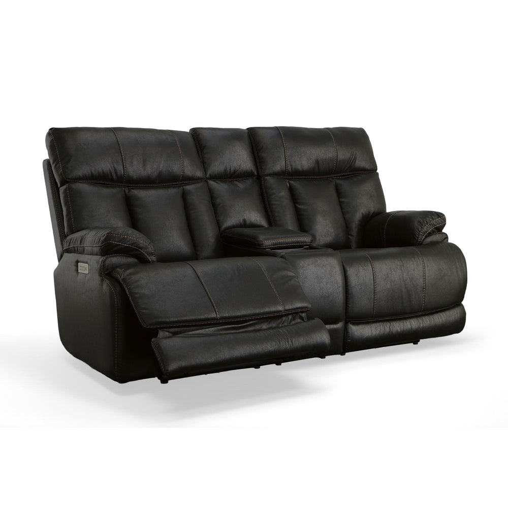 Clive Fabric Power Reclining Loveseat with Console, Power Headrests & Lumbar in Peppercorn