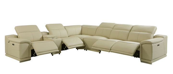 DivanItalia 9762 7-Piece L Shaped Top Grain Italian Leather Sectional Sofa with 4 Power Recliners - Beige