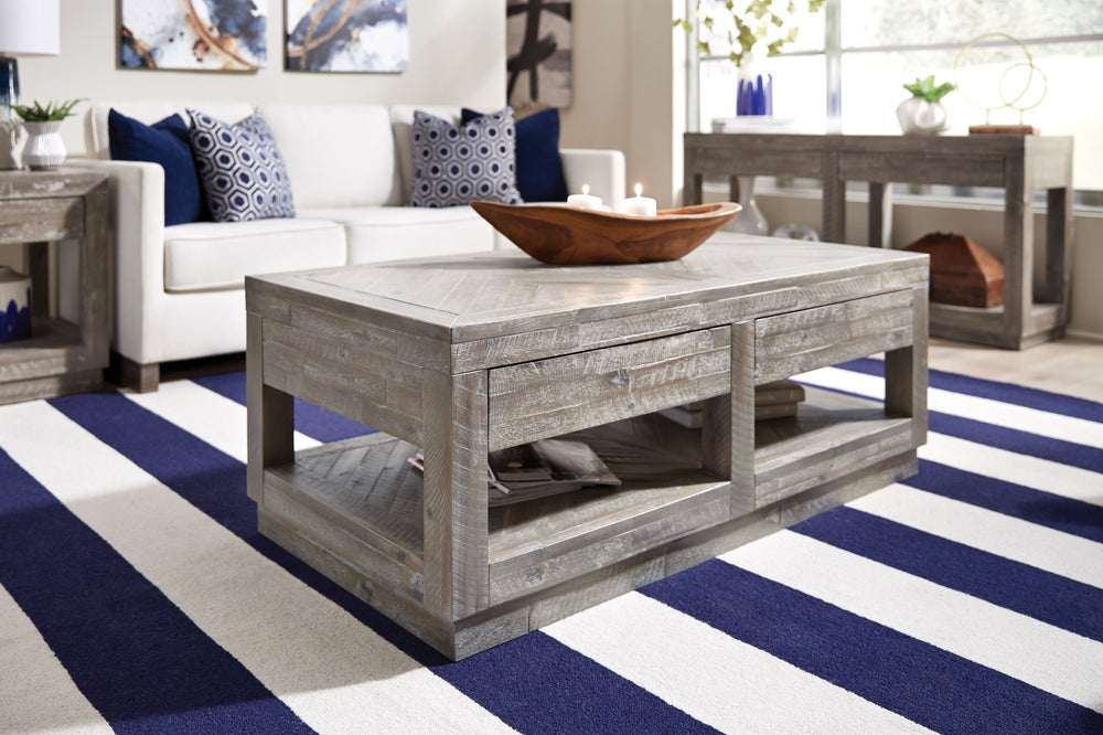 Modus Furniture 5Qs321 Herringbone Solid Wood Two Drawer Coffee Table In Rustic Latte