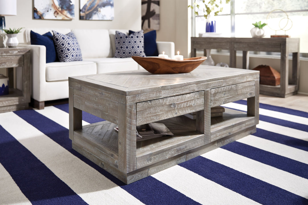 Modus Furniture 5Qs321 Herringbone Solid Wood Two Drawer Coffee Table In Rustic Latte