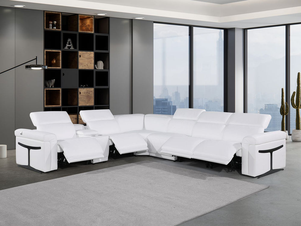 DivanItalia 1126 7-Piece L-Shaped Sectional Sofa in Top Grain Italian Leather with 4 Power Recliners & Power Headrests - White