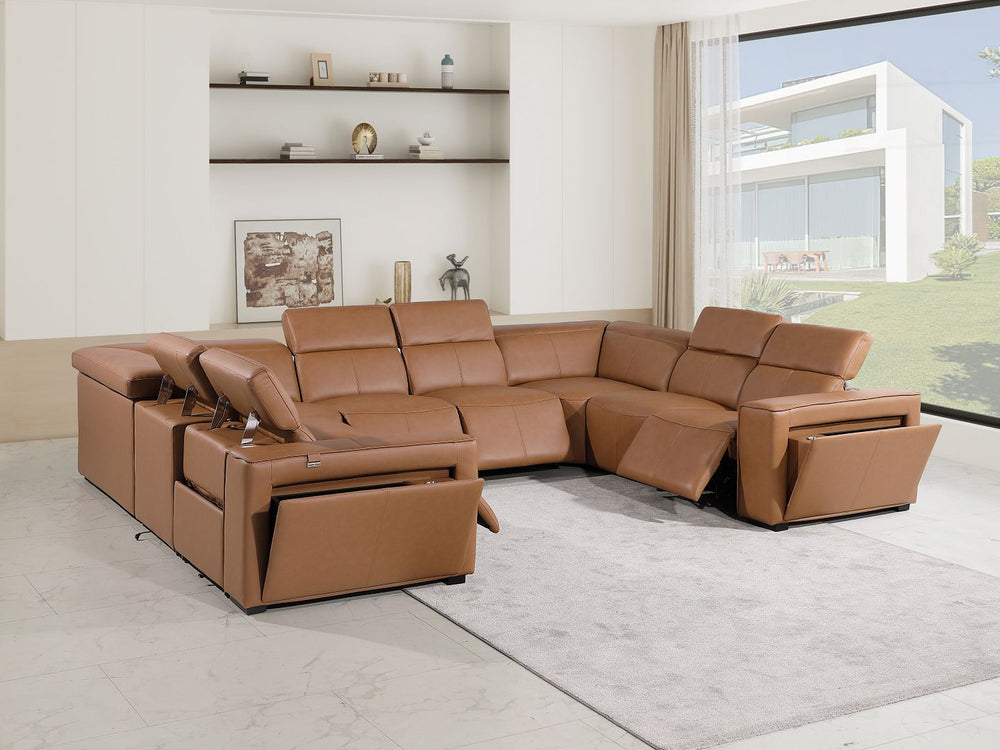 DivanItalia 1224 8-Piece U-Shaped Sectional Sofa in Top Grain Italian Leather with 4 Power Recliners & Power Headrests – No Console - Cognac