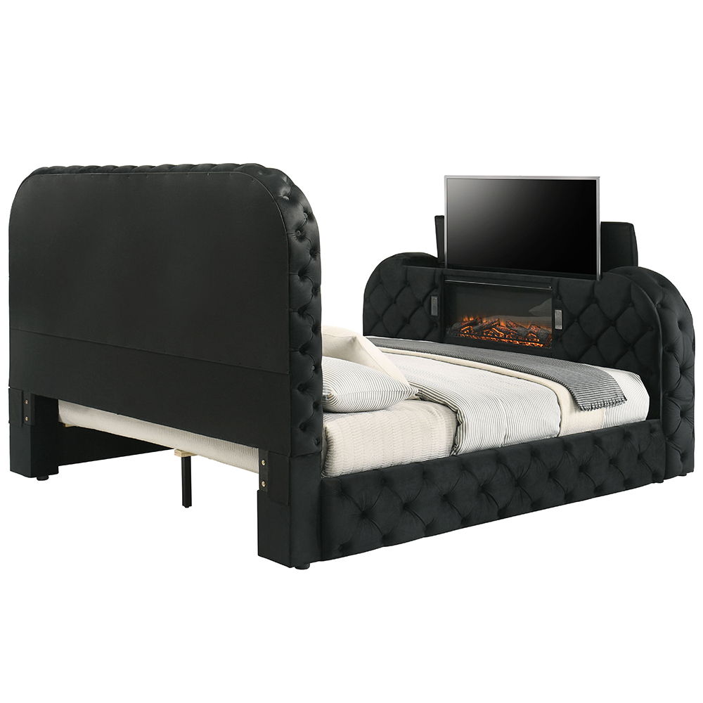 Kana - Queen Bed With LED, Fireplace & TV Stand - Black Upholstery Velvet