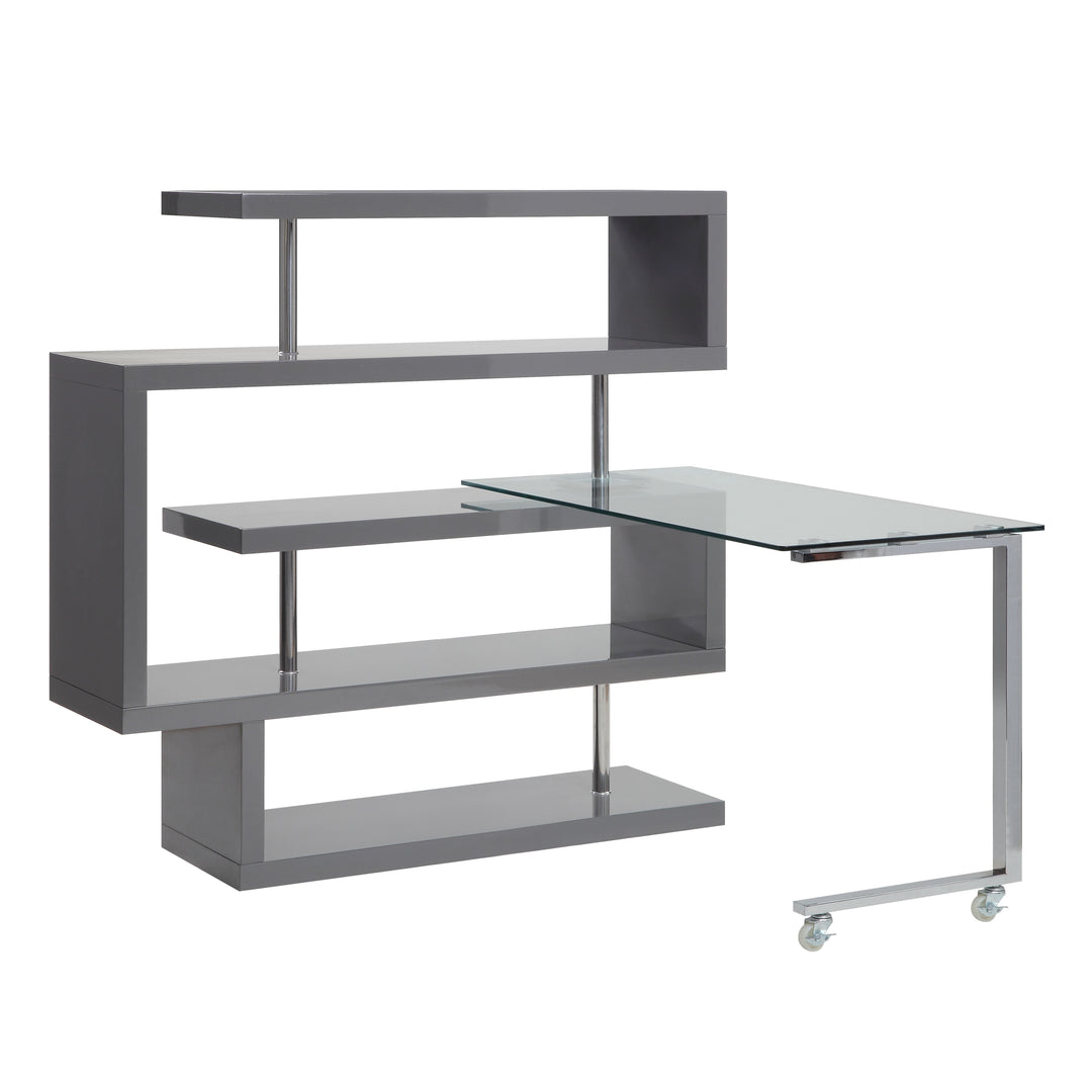 Buck II - Writing Desk With Bookshelf - Clear Glass, Chrome & Gray High Gloss