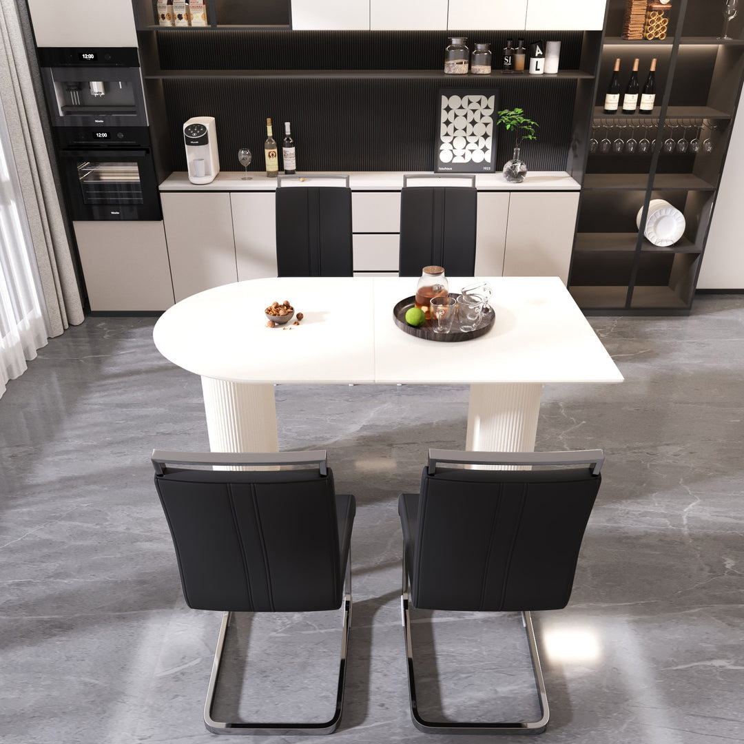 63" Medieval Modern Cream Dining Table and 4 PU Leather Armless Chairs with Silver Metal Legs - Cream & Black