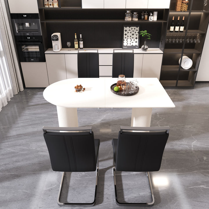 63" Medieval Modern Cream Dining Table and 4 PU Leather Armless Chairs with Silver Metal Legs - Cream & Black