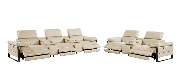 DivanItalia 1246 Modular Power Reclining Dual Console Sofa and Console Loveseat Set with Power Headrests – Top Grain Italian Leather - Beige