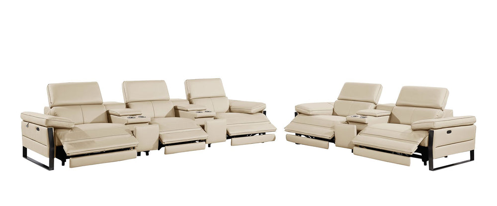 DivanItalia 1246 Modular Power Reclining Dual Console Sofa and Console Loveseat Set with Power Headrests – Top Grain Italian Leather - Beige