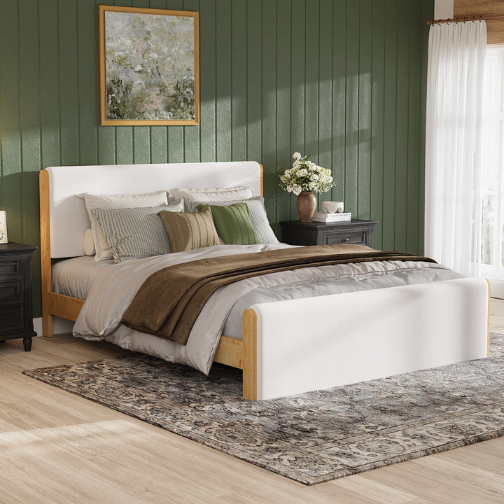 Pine Queen Bed with Upholstered Headboard – Beige