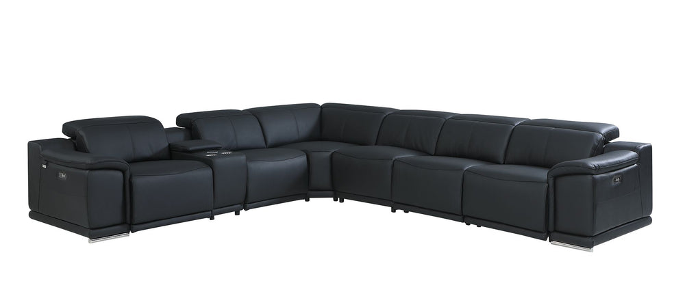DivanItalia 9762 7-Piece L Shaped Top Grain Italian Leather Sectional Sofa with 3 Power Recliners - Black