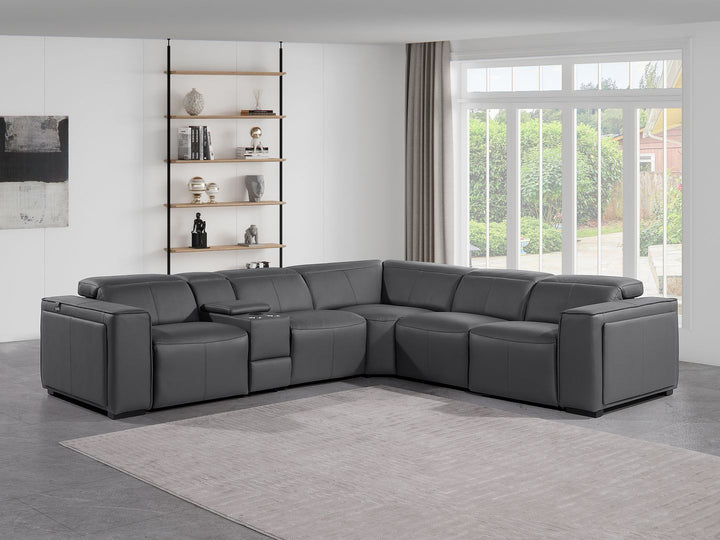 DivanItalia 1224 6-Piece L-Shaped Sectional Sofa in Top Grain Italian Leather with 3 Power Recliners &amp; Power Headrests - Dark Gray