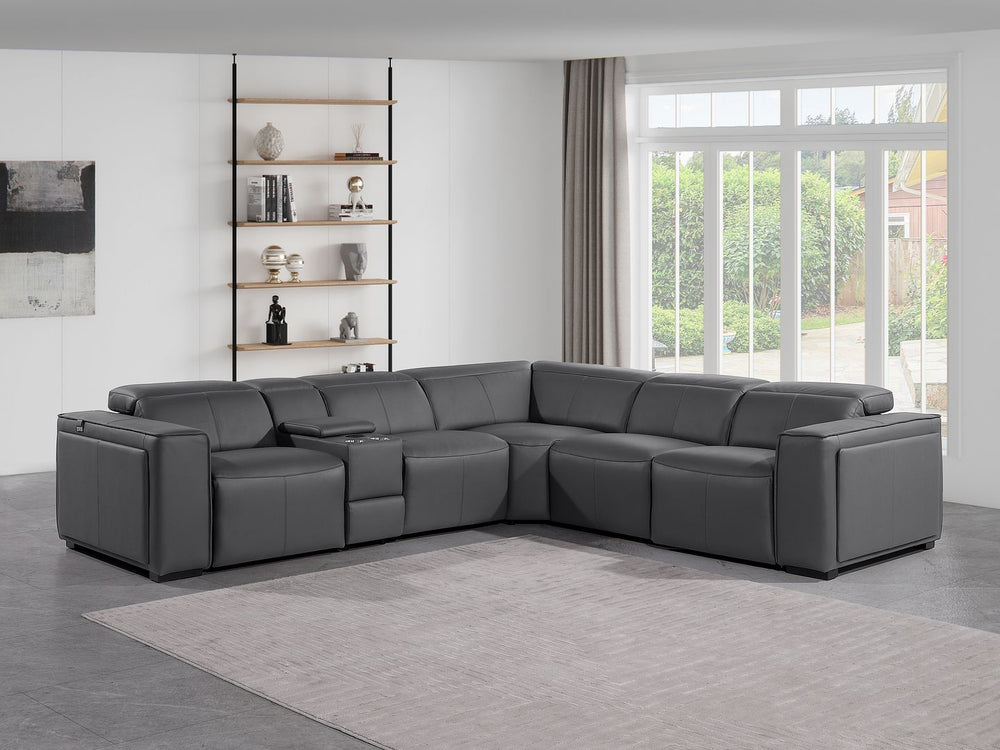 DivanItalia 1224 6-Piece L-Shaped Sectional Sofa in Top Grain Italian Leather with 3 Power Recliners & Power Headrests - Dark Gray