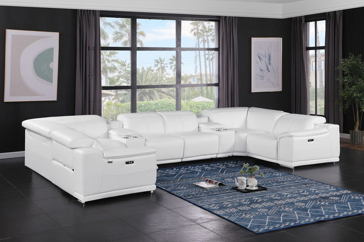 DivanItalia 9762 8-Piece U Shaped Top Grain Italian Leather Sectional Sofa with 4 Power Recliners – with Console - White