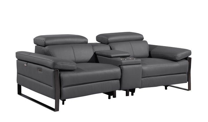 DivanItalia 1246 Modular Power Triple Reclining Sofa and Console Loveseat Set with Power Headrests – Top Grain Italian Leather - Dark Gray