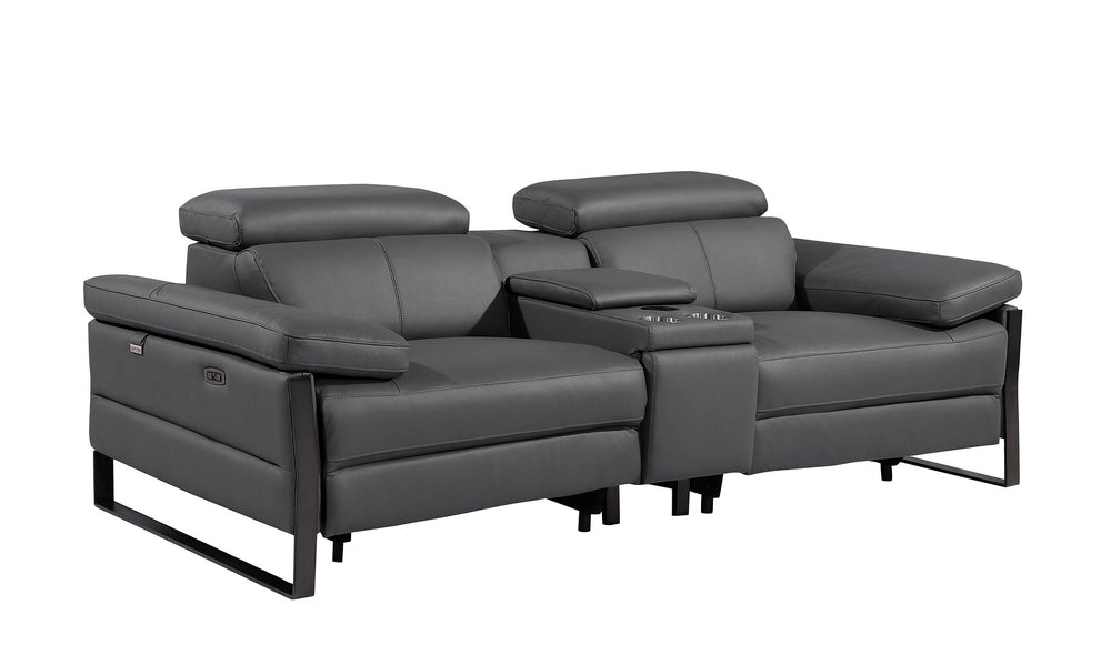DivanItalia 1246 Modular Power Triple Reclining Sofa and Console Loveseat Set with Power Headrests – Top Grain Italian Leather - Dark Gray