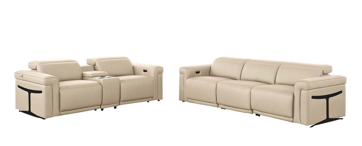 DivanItalia 1126 6-Piece Modular Power Reclining Sofa and Console Loveseat Set in Top Grain Italian Leather with 5 Power Recliners & Power Headrests - Beige