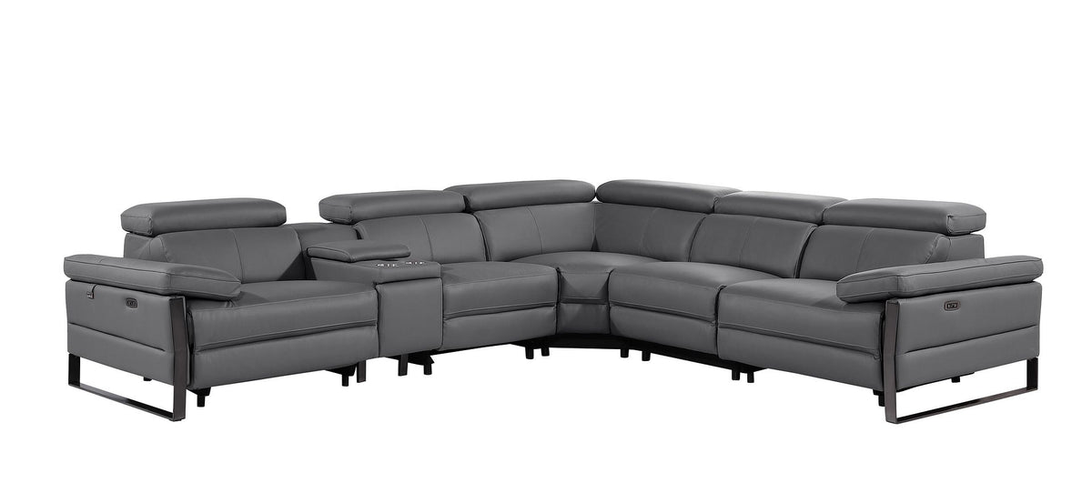 DivanItalia 1246 6-Piece L-Shaped Modular Power Reclining Sectional with 3 Power Recliners and Power Headrests – Top Grain Italian Leather - Dark Gray