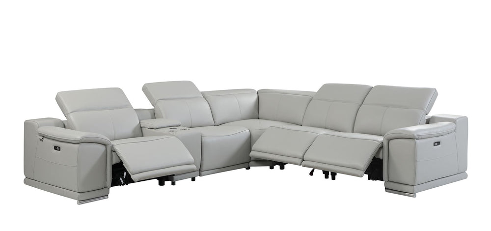 DivanItalia 9762 5-Piece L Shaped Top Grain Italian Leather Sectional Sofa with 3 Power Recliners - Light Gray