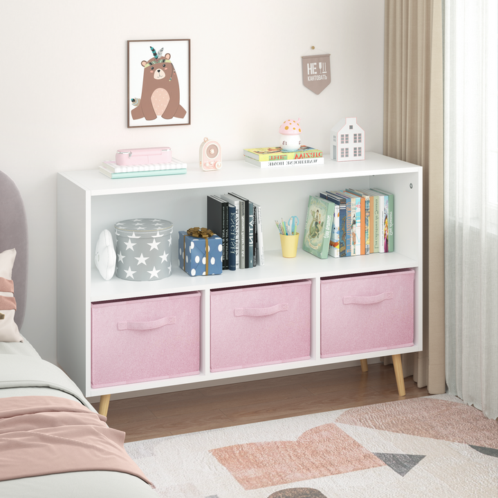 modern-kids-bookcase-with-collapsible-fabric-drawers-childrens-book-display-toy-storage-white-pink-mdf-pine-legs