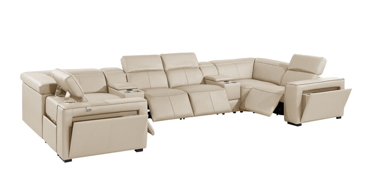 DivanItalia 1224 8-Piece U-Shaped Sectional Sofa in Top Grain Italian Leather with 4 Power Recliners &amp; Power Headrests – with Console - Beige