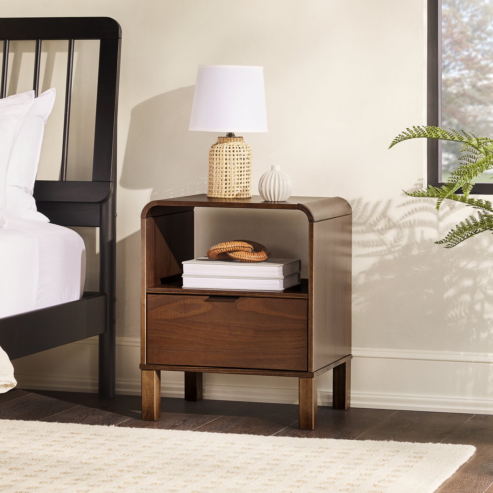 Modern Minimalist Curved-Top Solid Wood Nightstand in Brown