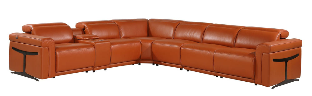 DivanItalia 1126 7-Piece L-Shaped Sectional Sofa in Top Grain Italian Leather with 3 Power Recliners & Power Headrests - Camel