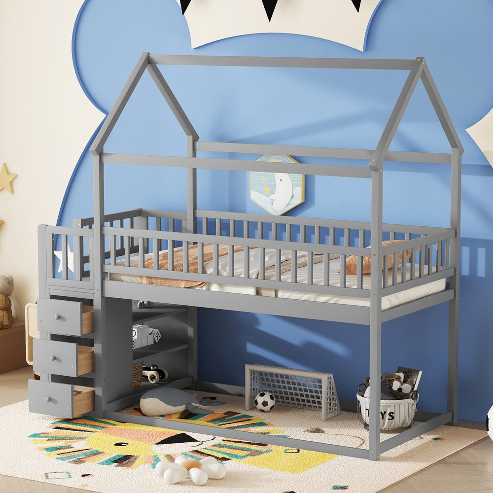 twin-twin-house-bunk-bed-with-shelves-and-drawers-grey-color