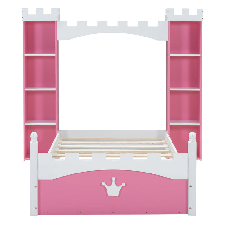 castle-shaped-wooden-twin-bed-with-storage-shelf-pink-white