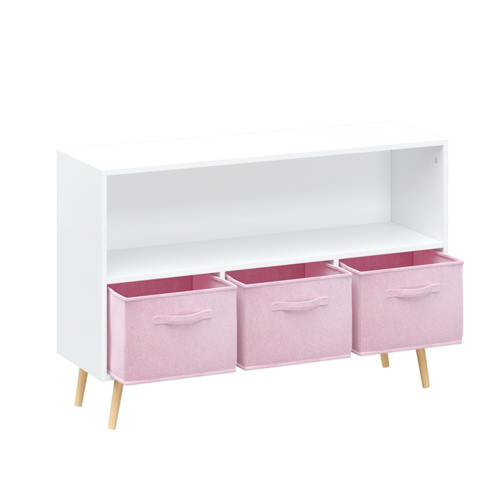 modern-kids-bookcase-with-collapsible-fabric-drawers-childrens-book-display-toy-storage-white-pink-mdf-pine-legs