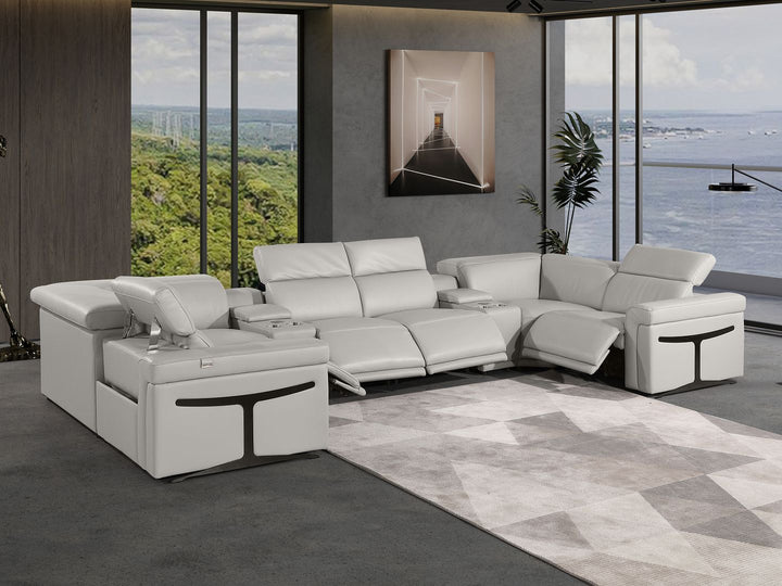 DivanItalia 1126 8-Piece U-Shaped Sectional Sofa in Top Grain Italian Leather with 4 Power Recliners &amp; Power Headrests – with Console - Light Gray