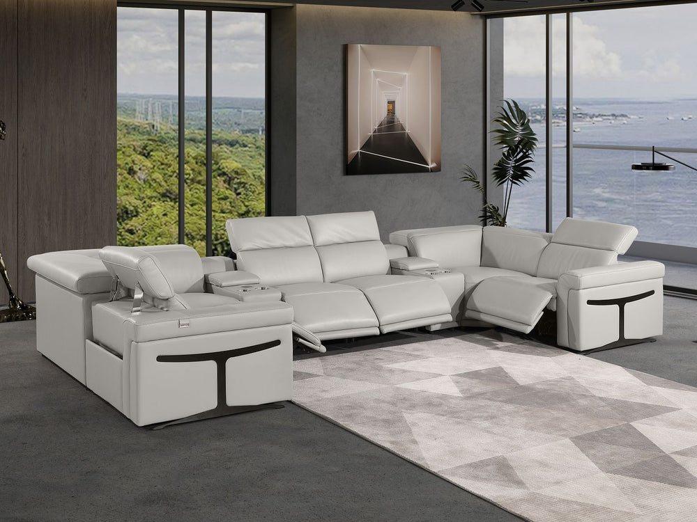 DivanItalia 1126 8-Piece U-Shaped Sectional Sofa in Top Grain Italian Leather with 4 Power Recliners & Power Headrests – with Console - Light Gray