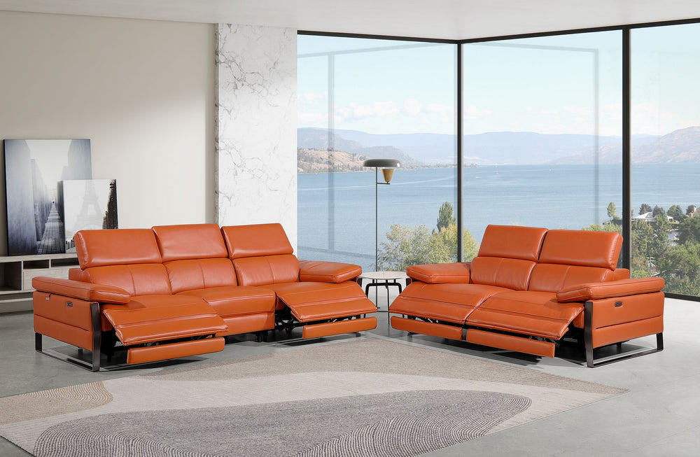 DivanItalia 1246 Modular Power Dual Reclining Sofa and Loveseat Set with Power Headrests – Top Grain Italian Leather - Camel