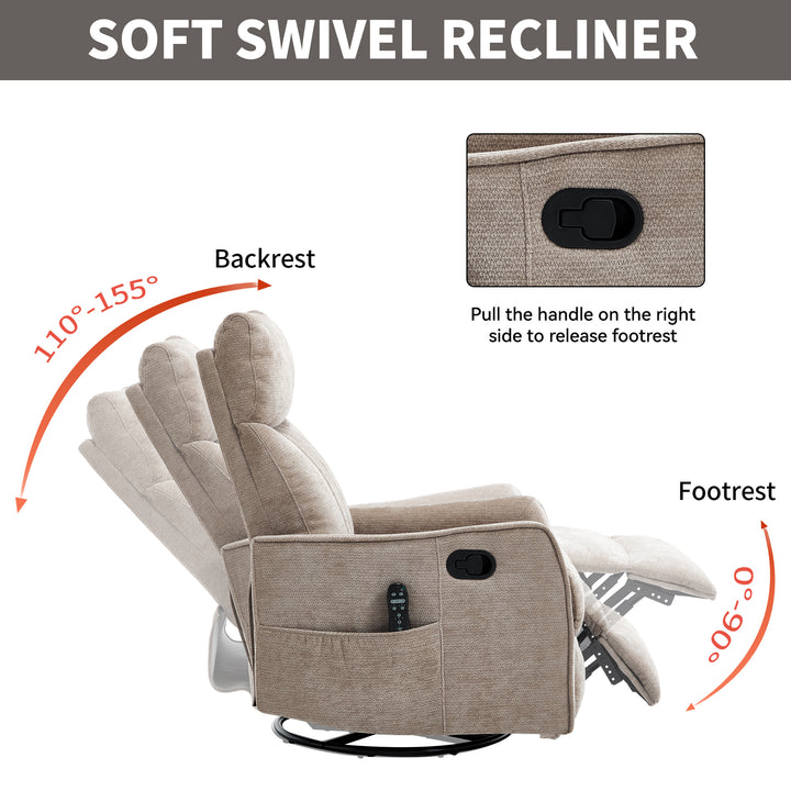 Khaki Heat &amp; Massage Manual Swivel Rocker Recliner Chair in Fabric