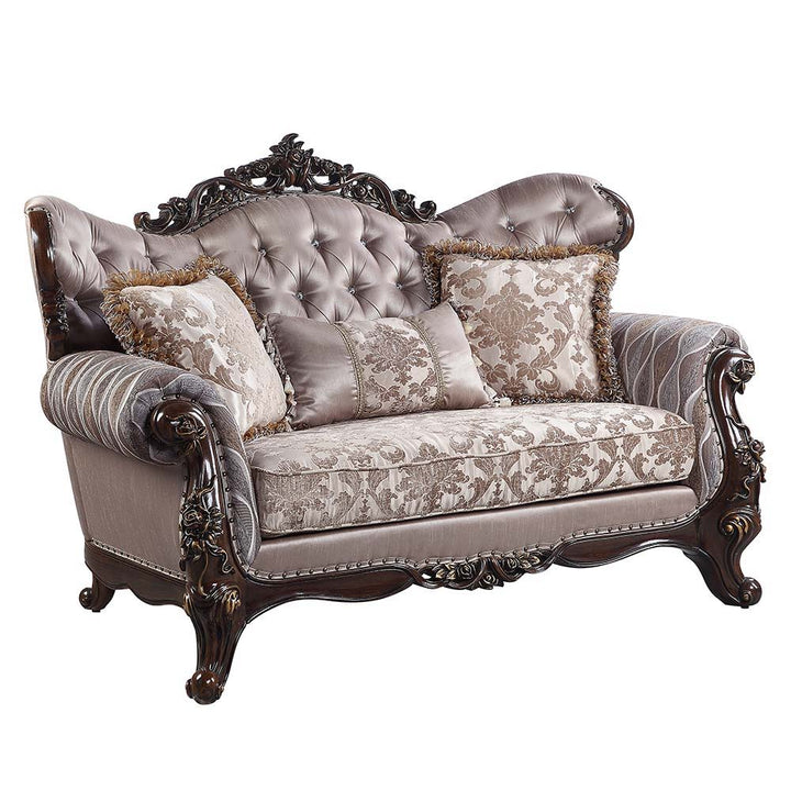 Benbek - Loveseat With 3 Pillows - Fabric & Antique Oak