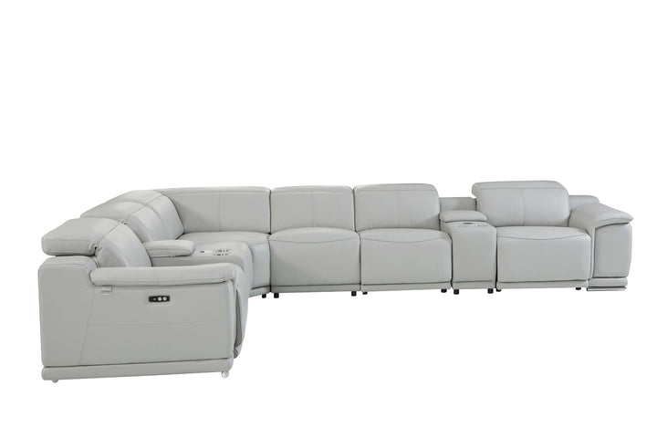 DivanItalia 9762 8-Piece L Shaped Top Grain Italian Leather Sectional Sofa with 4 Power Recliners - Light Gray