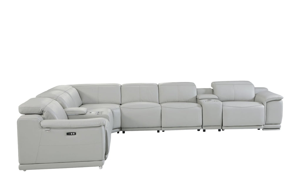 DivanItalia 9762 8-Piece L Shaped Top Grain Italian Leather Sectional Sofa with 4 Power Recliners - Light Gray