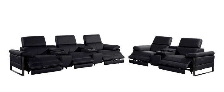 DivanItalia 1246 Modular Power Reclining Dual Console Sofa and Console Loveseat Set with Power Headrests – Top Grain Italian Leather - Black